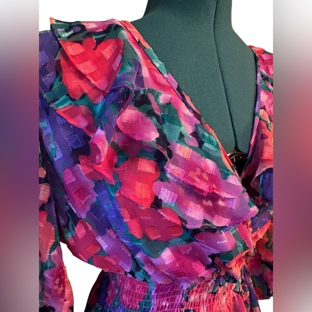 VINTAGE 80's Susan Tudor Pink Floral Midi Dress Pleated Cottagecore Ruffle S - Picture 5 of 14